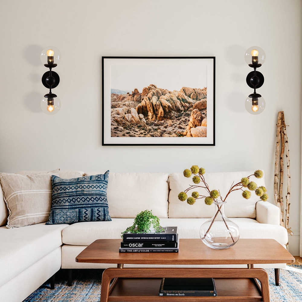 Adory Retro 2-Light Tea Glass Globe Shade Black Metal Base Indoor Sconce Wall Lamp window image