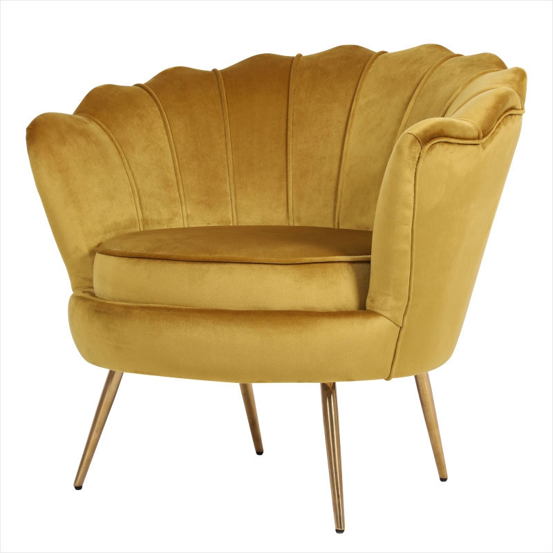 Modern Yellow Velvet Accent Chair Scalloped Barrel Shair Shell Curved Chair Pillow Included window image