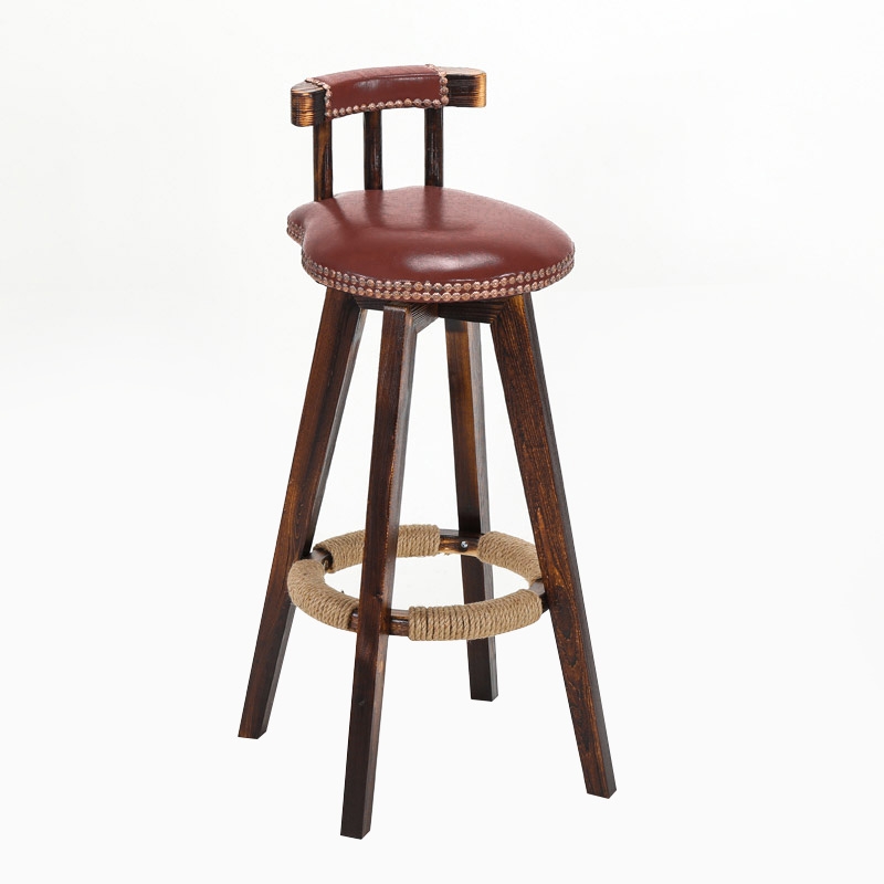 Retro Rustic Swivel Bar Stool Leather Wood Bar Stool with Back Round Nail Heads Seat Cushion in Wine window image