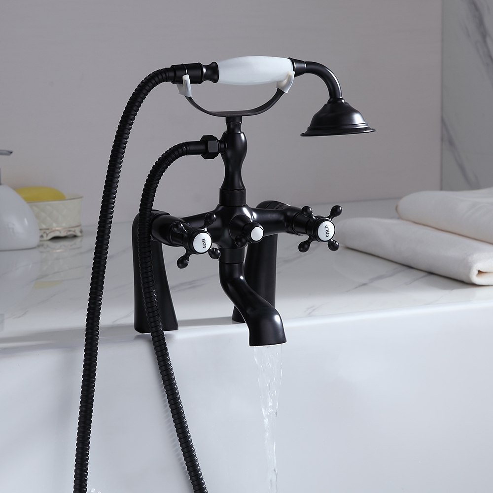 Montag Deck Mounted Waterfall Tub Filler Faucet with Hand Shower Solid Brass in Antique Black window image