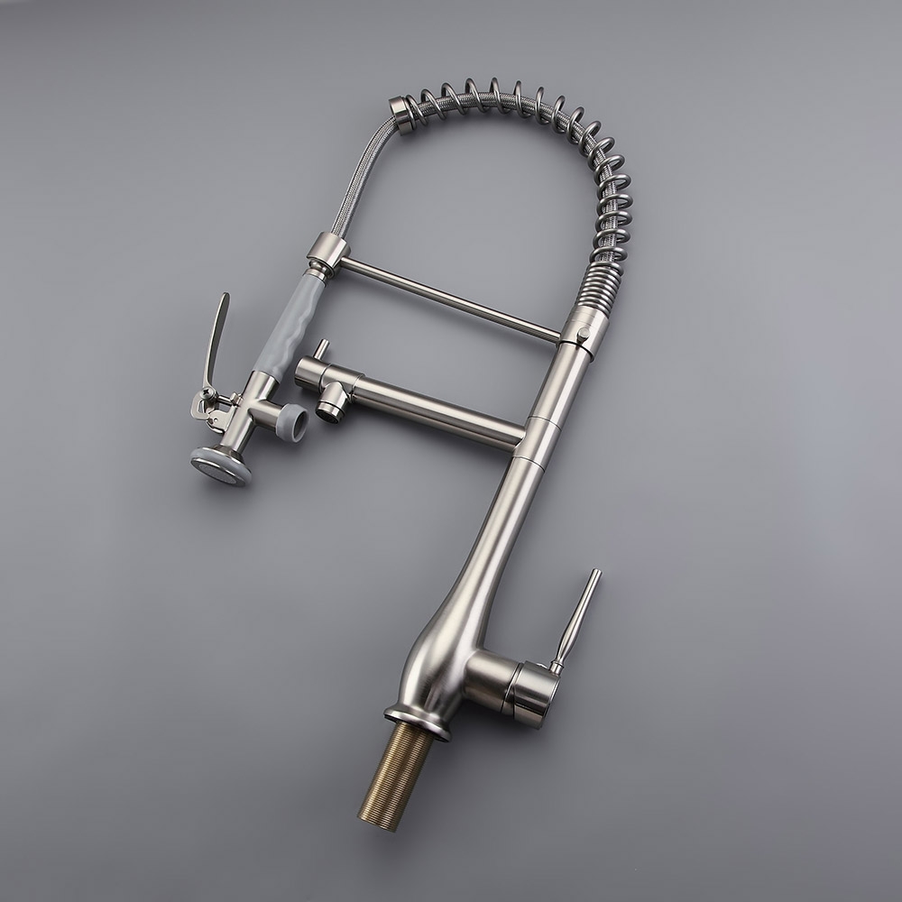 Commercial Dual-Function 1-Lever Pull Down Sprayer Pre-Rinse Kitchen Faucet Brushed Nickel window image