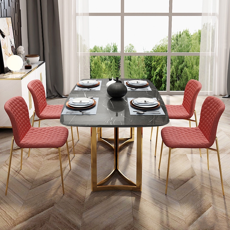 Modern 63" Rectangular Dining Table Faux Marble Top & Golden Base Black Marble Dining Table window image
