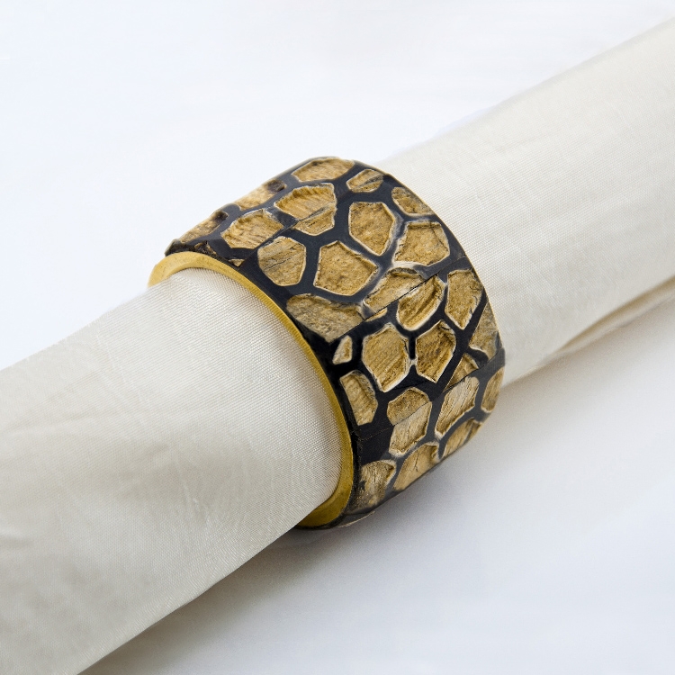 Vintage Round Wood Napkin Rings Handmade Gold & Black Napkin Ring Holder for Dining Room Set of 6 window image