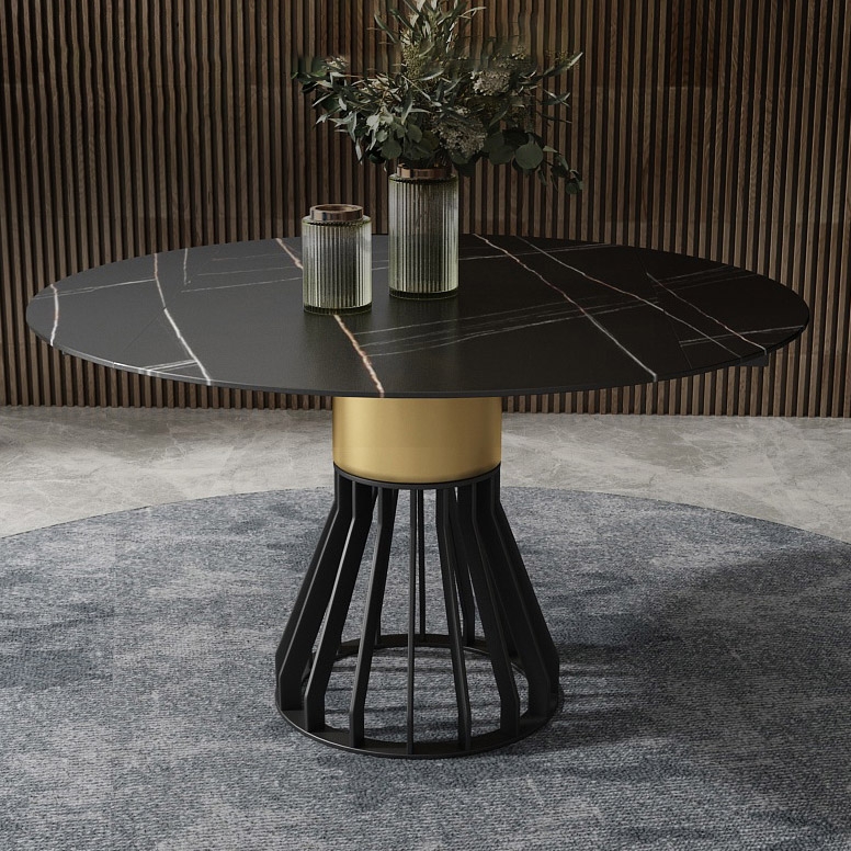 Modern Black Round Leaf Extendable Dining Table Sintered Stone Top Pedestal Base window image