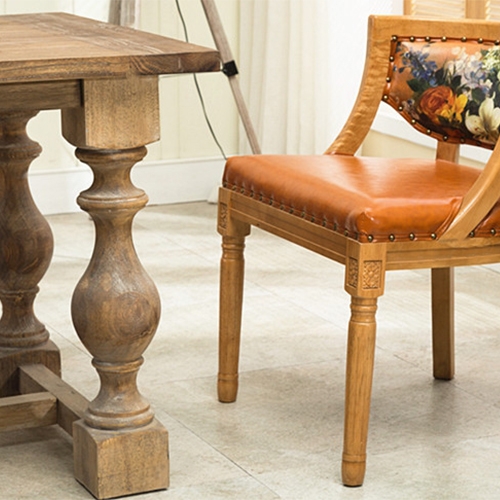 Vintage Rustic Style Solid Wood Rectangular Oak Medium Dining Table with Sculptured Legs & Beam Support window image