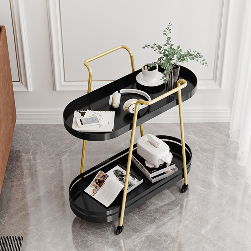 Modern Metal Shelving Freestanding with 2 Shelf & 4 Wheels End Table Black&Gold window image