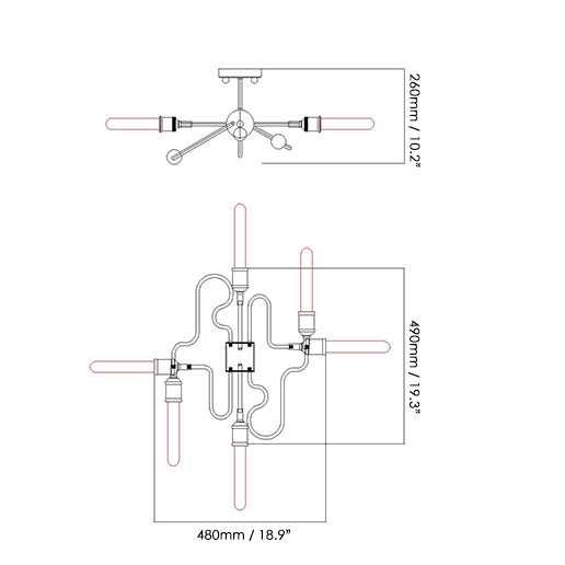 Retro Rust Metal Bent Tube Semi Flush Mount with Six Exposed Bulbs window image