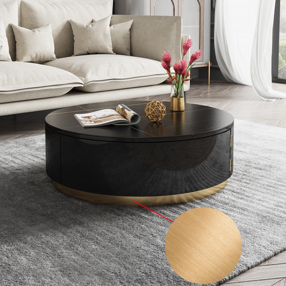Table basse ronde noire avec tiroirs rotatifs Plateau en pierre frittée Base en acier inoxydable image de fenêtre