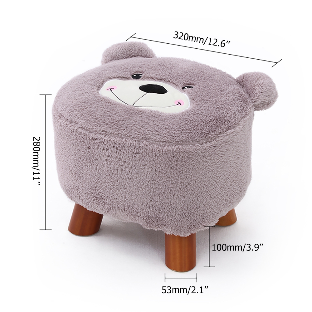 Gray Faux Fur Bear Stool Ottoman Wooden Leg Velvet Upholstery