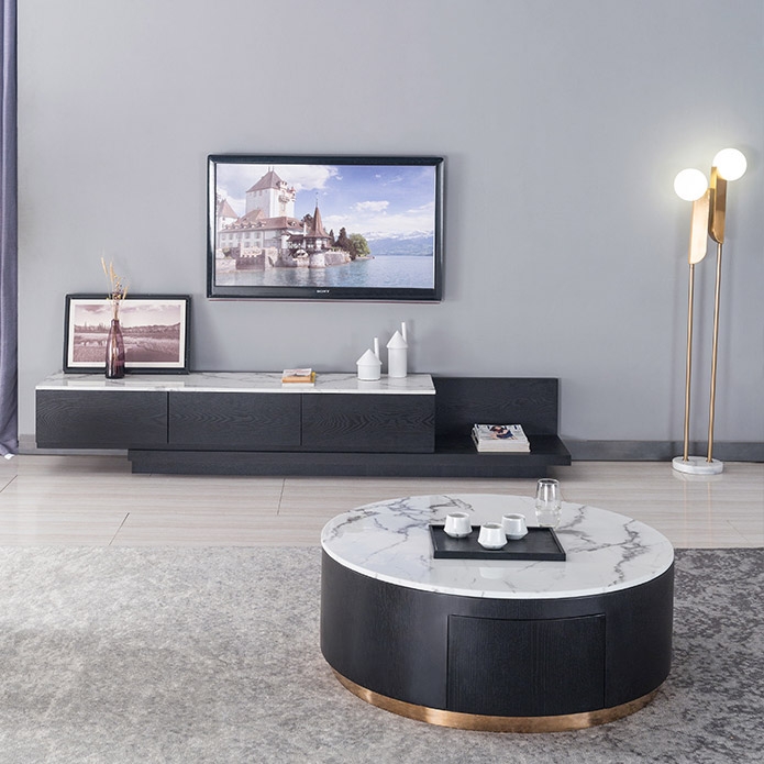 Modern Round White and Black Storage Coffee Table with Drawer & Faux Marble Top Stainless Steel Base window image