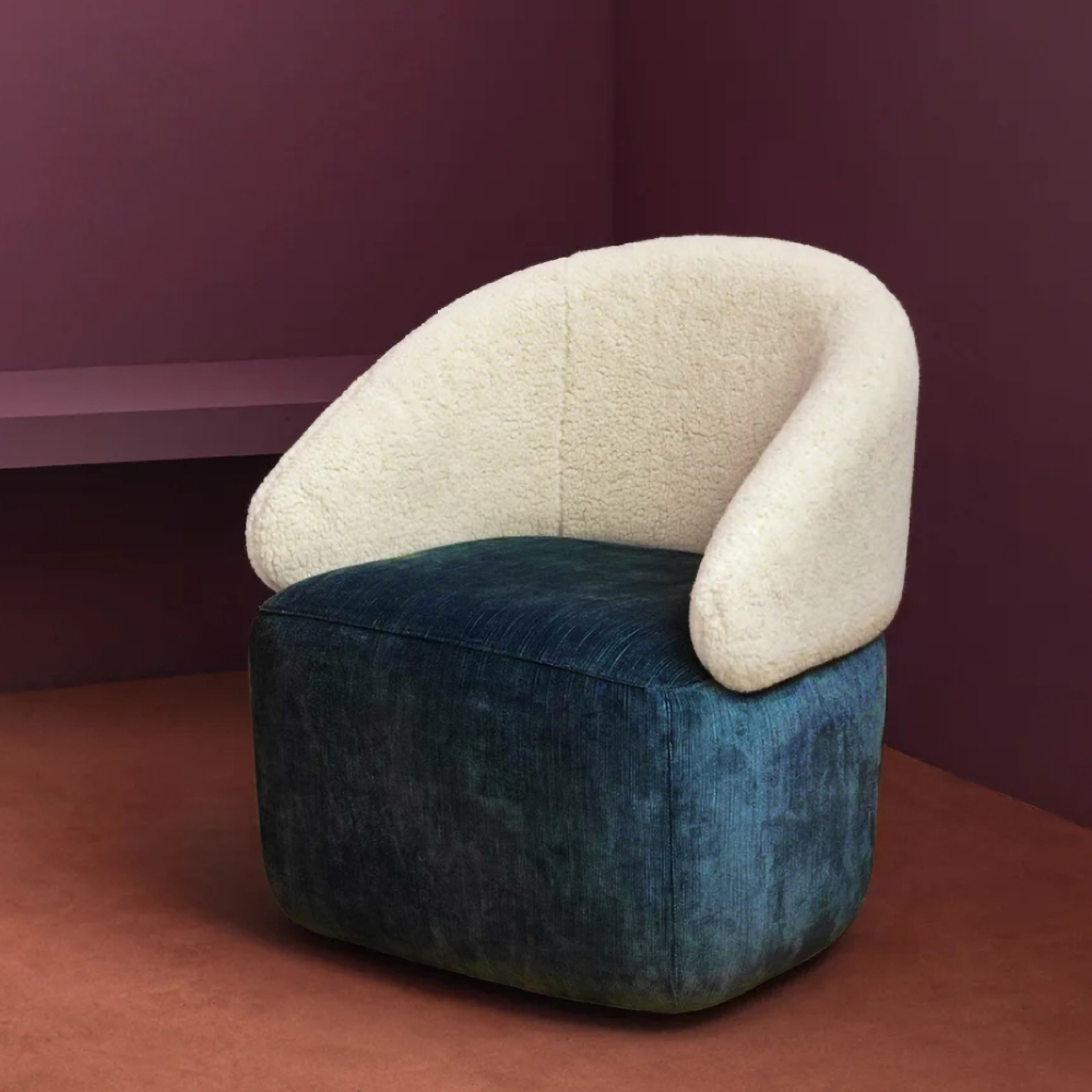 Modern Creative White Upholstered Chair Round Faux Fur Stool with Backrest Faux Sheepskin Chair window image