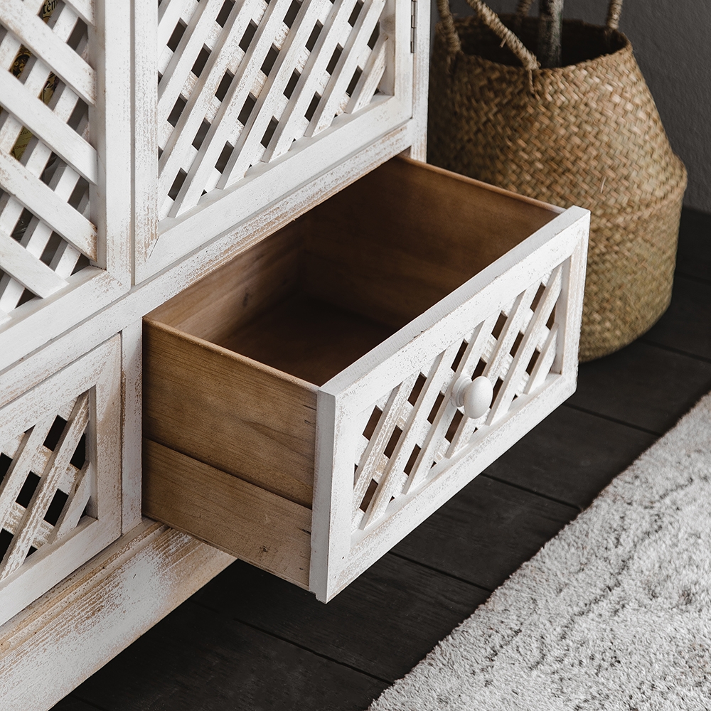 Cottage Distressed White Cabinet Hollowed-Out with Drawers & Shelf & Doors window image