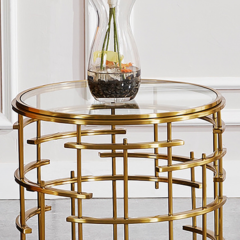 Modern Round Side Table with Tempered Glass Top & Gold Stainless Steel window image