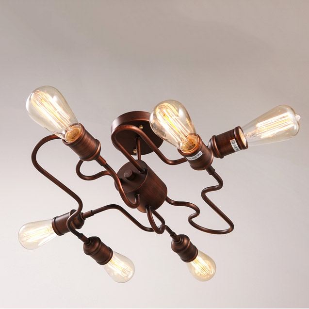 Retro Rust Metal Bent Tube Semi Flush Mount with Six Exposed Bulbs window image