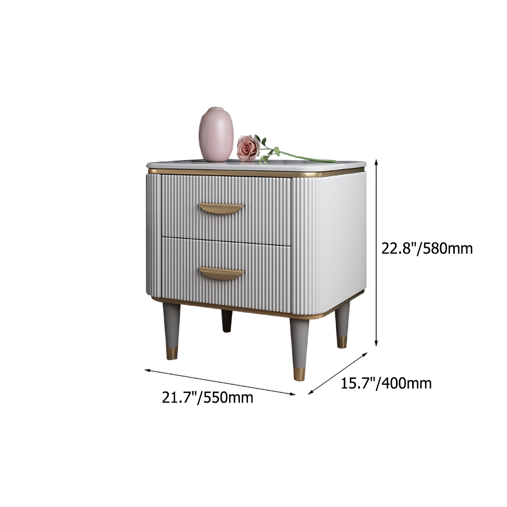White Nightstand 2 Drawers Faux Marble Top Bedside Cabinet with Gold Pulls window image