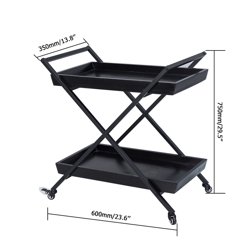 23.6" 2-Tier Rolling Serving Bar Cart with Handle X Frame Black Metal window image