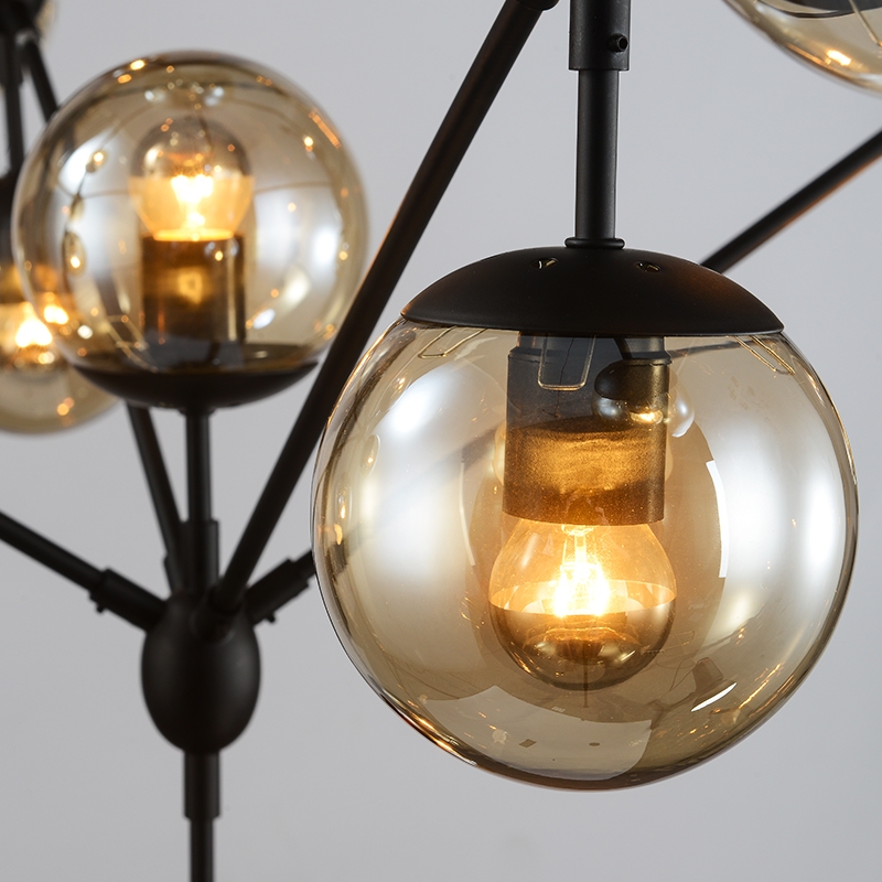 Retro Industrial Loft Multiple Tea Glass Globe Black Iron 15-Light Pendant Light window image