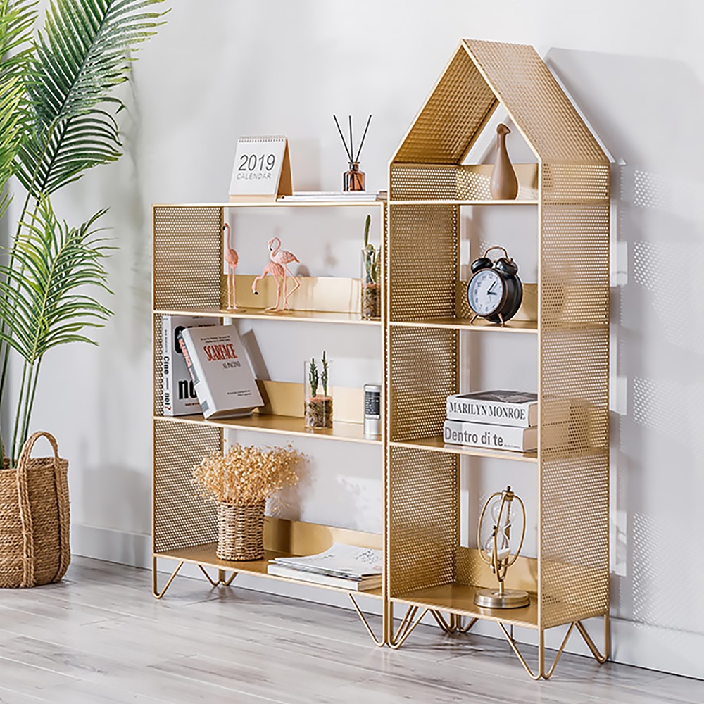 Modern Metal Mesh 8-Tier Etagere Bookshelf Bookcase in Gold Set window image