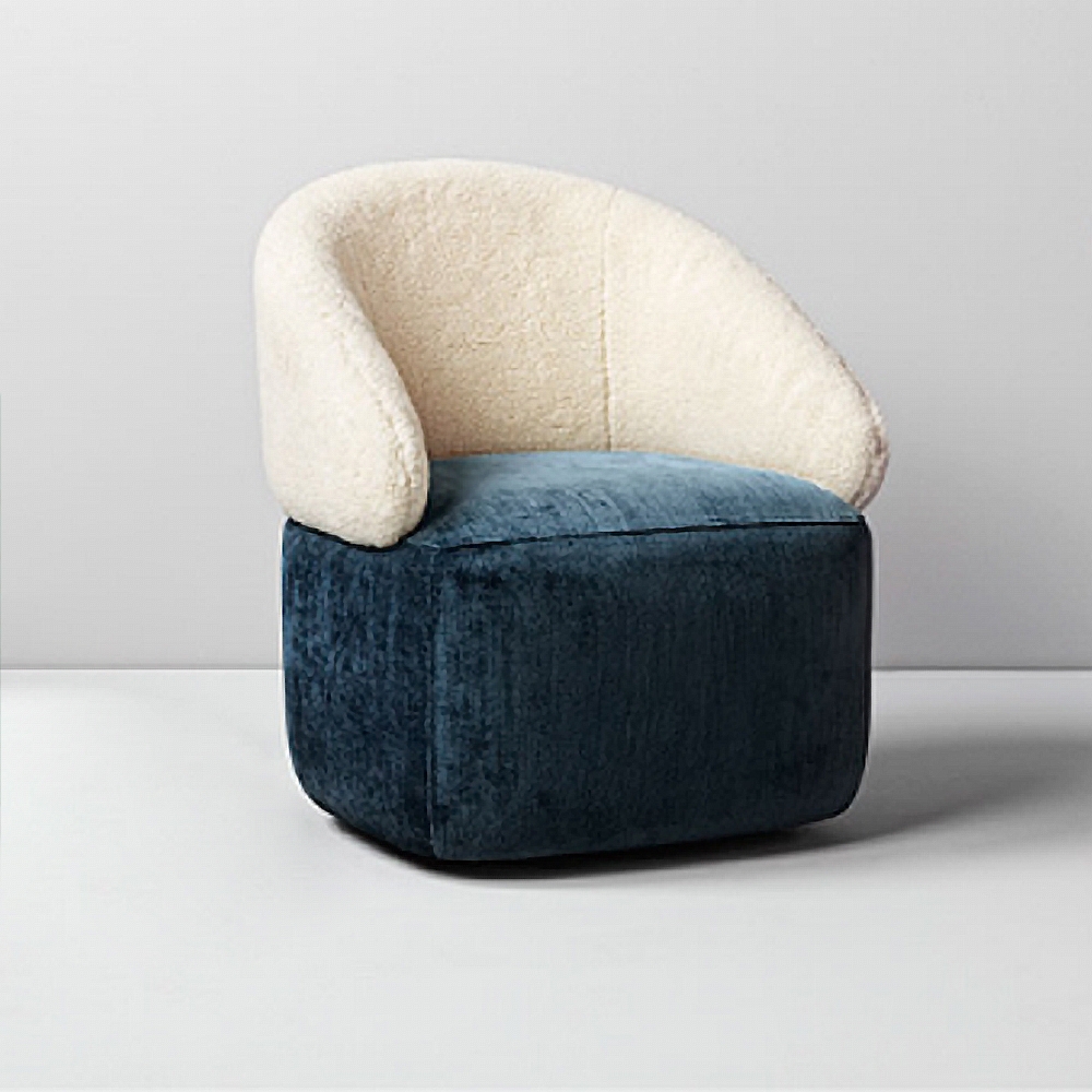Modern Creative White Upholstered Chair Round Faux Fur Stool with Backrest Faux Sheepskin Chair window image