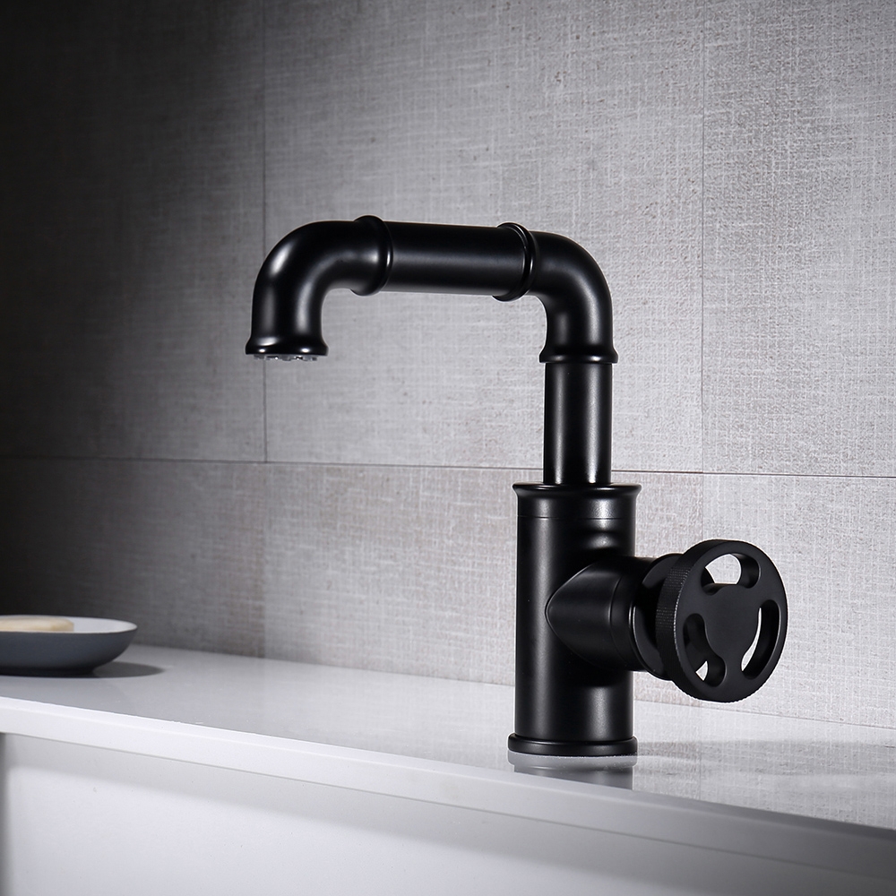 Ruth Industrial Pipe Monobloc Bathroom Basin Mixer Tap Single Handle Solid Brass in Black window image