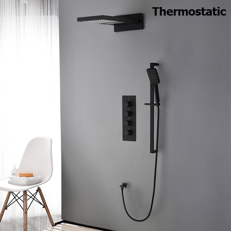 Modern Style Matte Black Wall Mounted Rain & Waterfall Shower System with Slide Bar Hand Shower Solid Brass window image