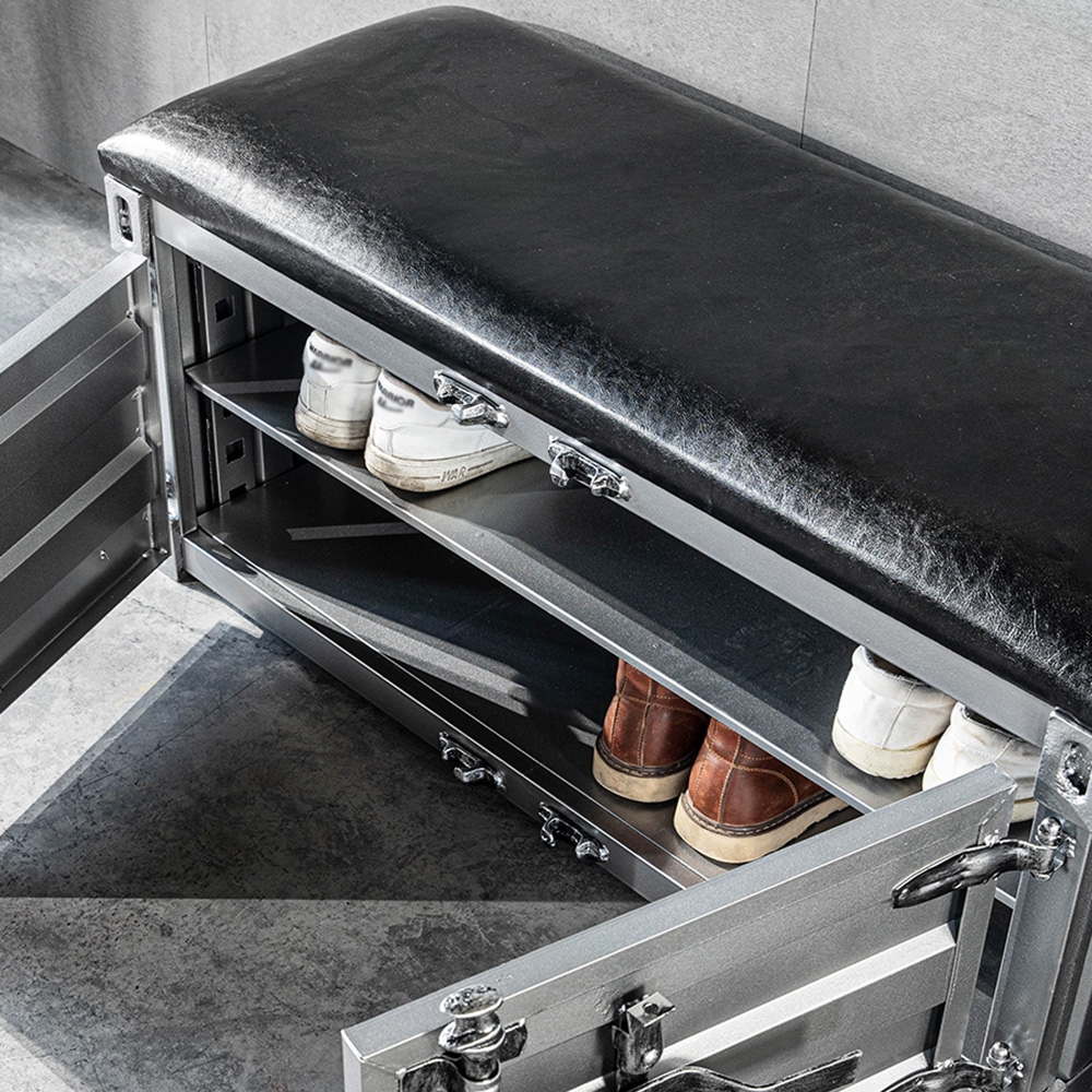 Industrial Cargo Container Style Shoe Storage Upholstered Bench in Silver window image