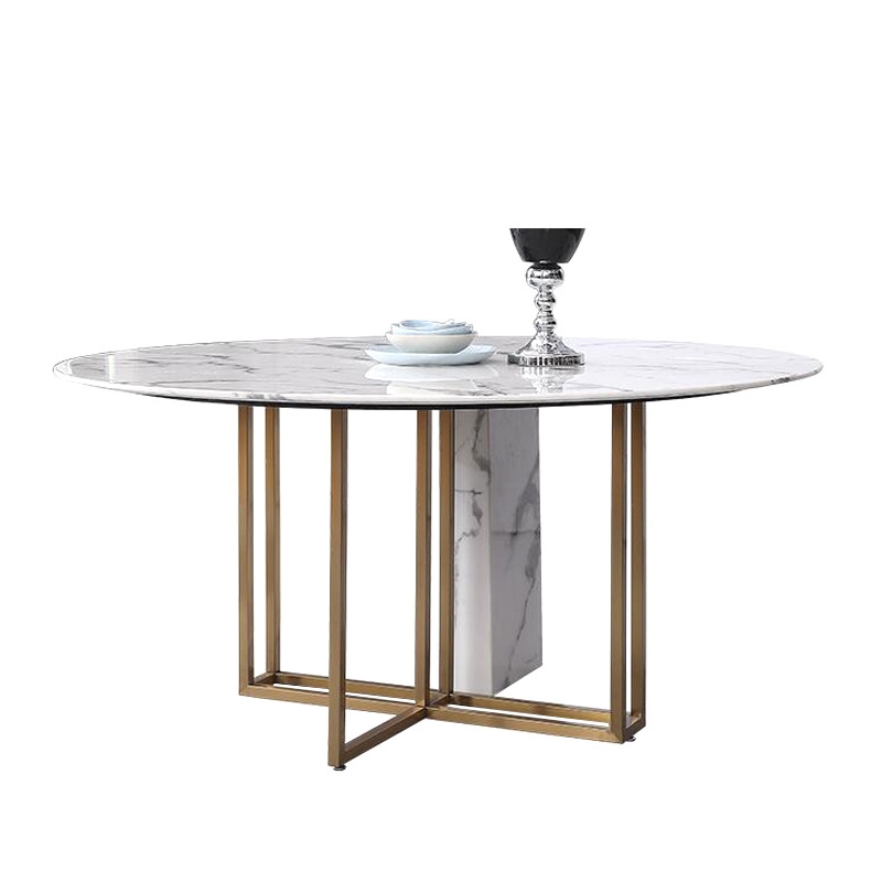Modern Luxury 59" Round Dining Table with Faux Marble Top & Metal Base Large in Brushed Gold window image