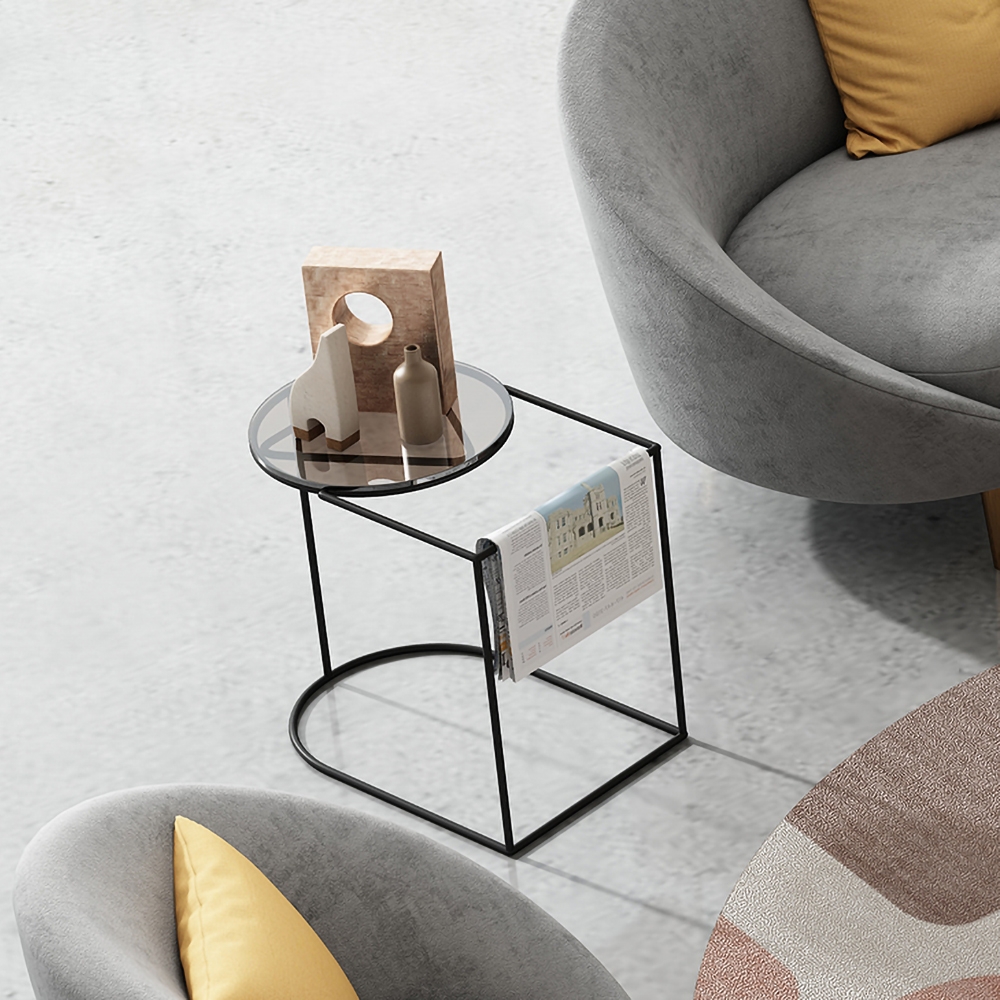 Modern Metal Side Table Black Side Table with Newspaper Rack window image