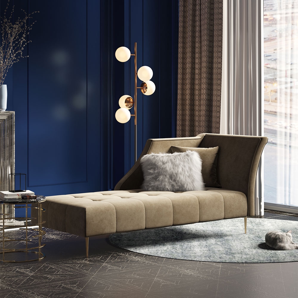 Modern Mid-Century Tufted Velvet Upholstered Chaise Lounge in Khaki ...