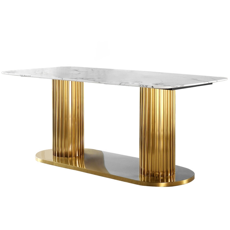 Modern Rectangular Faux Marble White Dining Table 71" Gold Base window image