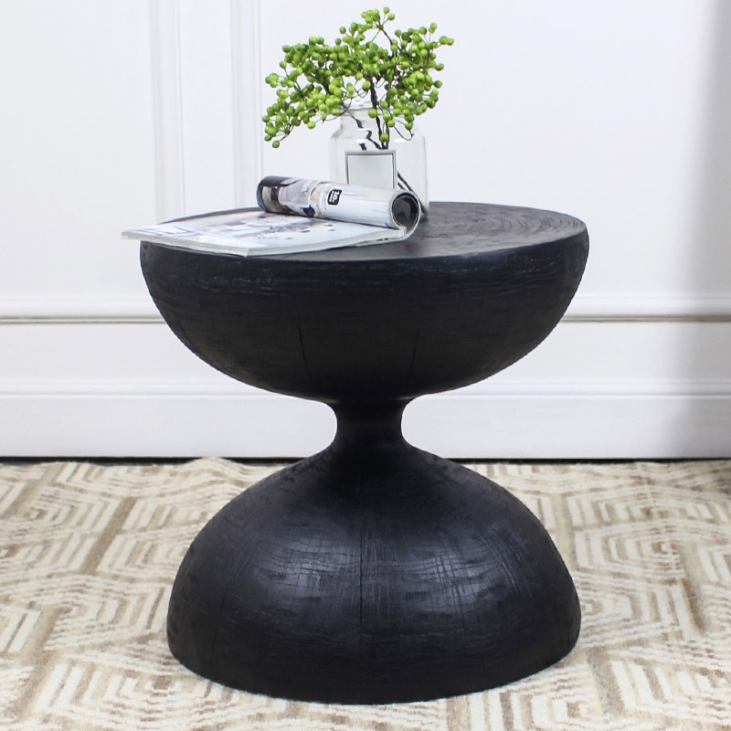 Modern Creative Round Drum Side Table Hourglass Accent Table in Black Fiberglass window image