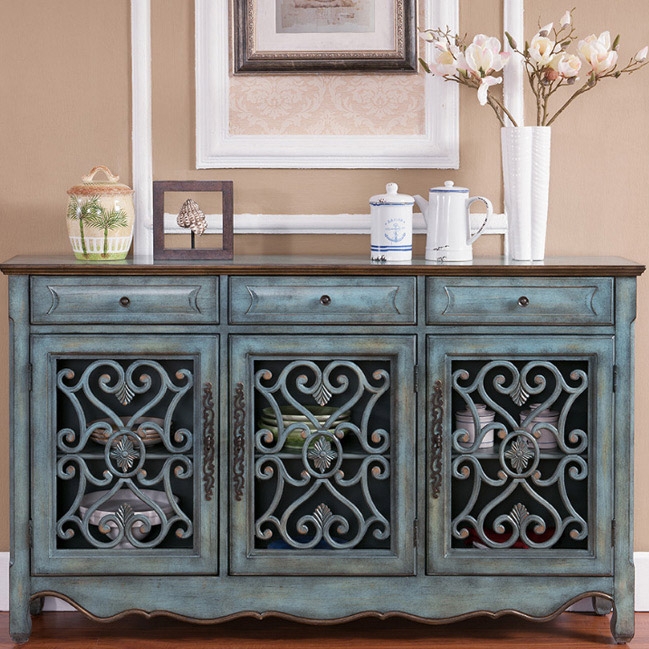 Farmhouse Distressed Blue 3 Door Accent Cabinet with Drawers & Storage Shelves Buffet Sideboard Solid Wood window image