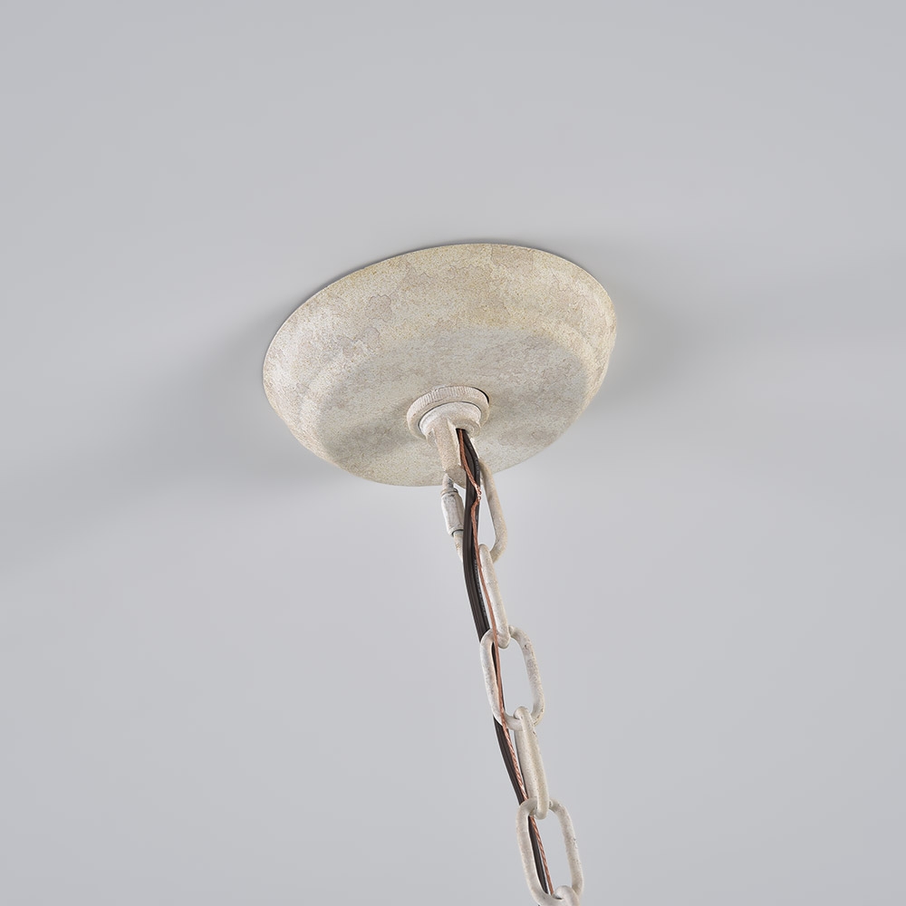 Rustic French Country 3-Tier White Wooden Bead Embossed Metal Band 6-Light Pendant Light in Antique White