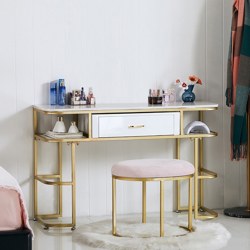 39" Modern White Makeup Vanity Faux Marble Dressing Table with 1 Drawer & Shelves in Gold window image