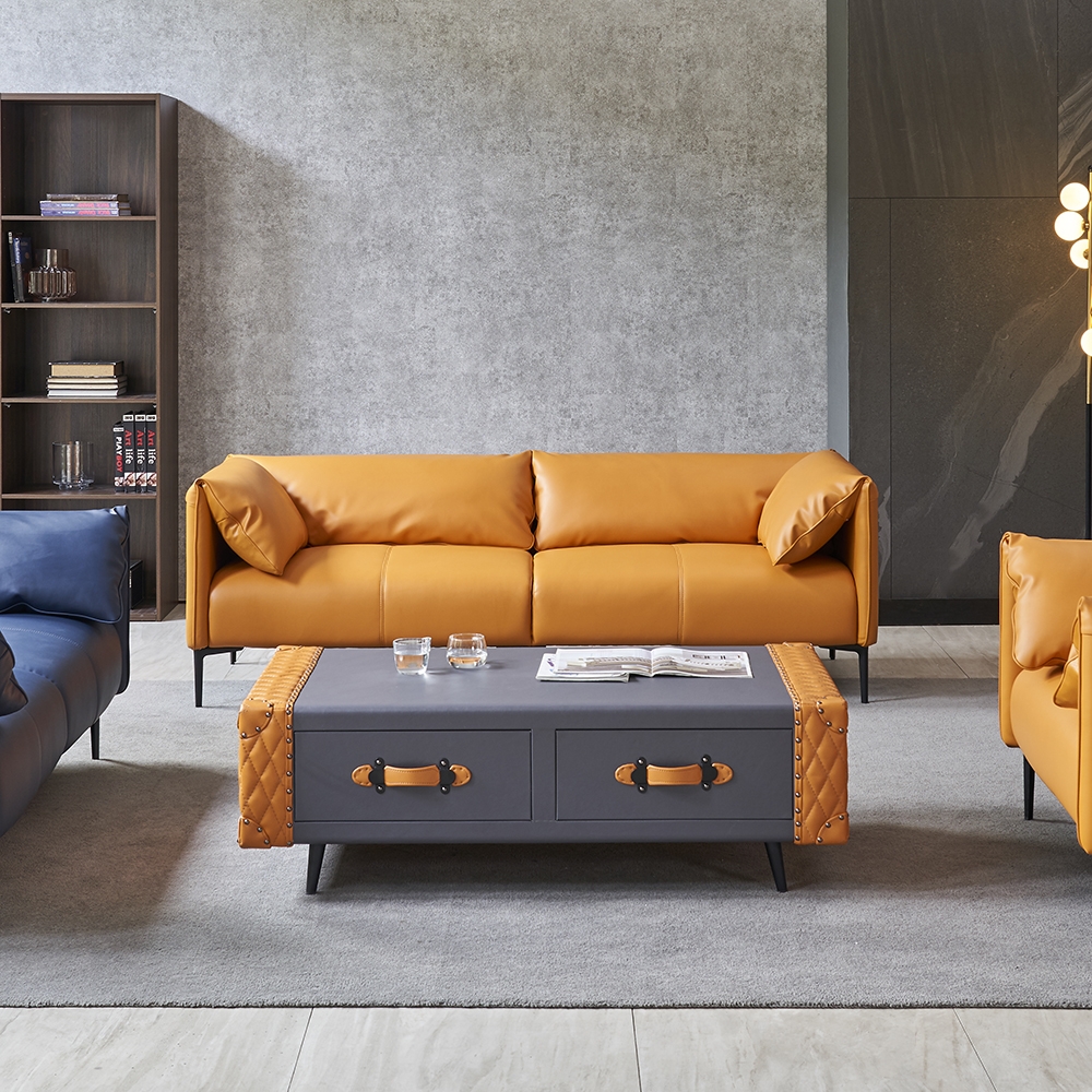 Modern Coffee Table with Drawers Rectangular Leather Accent Table window image