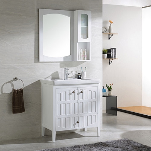Modern White Bathroom Vanity Cabinet with Single Drop-In Sink Ceramic Top window image