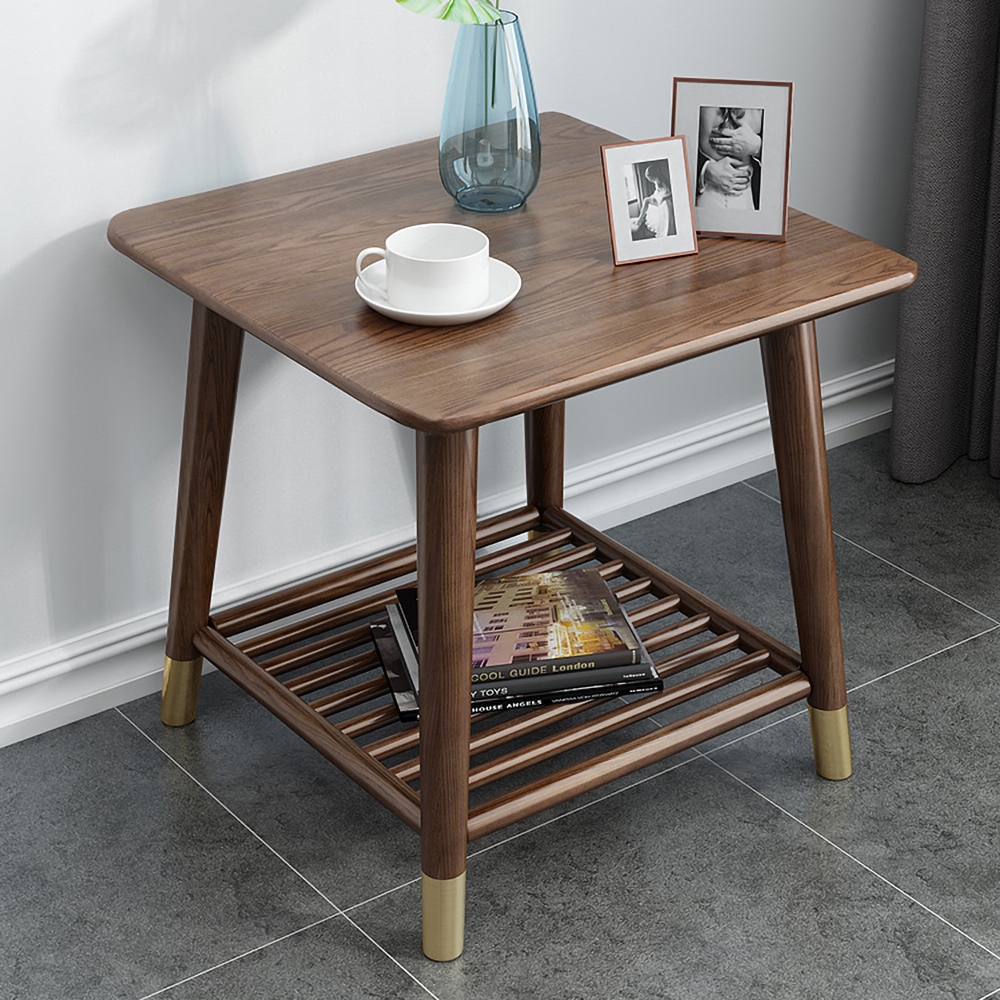 Solid Wood End Table Modern Square Side Table with Storage Shelf window image