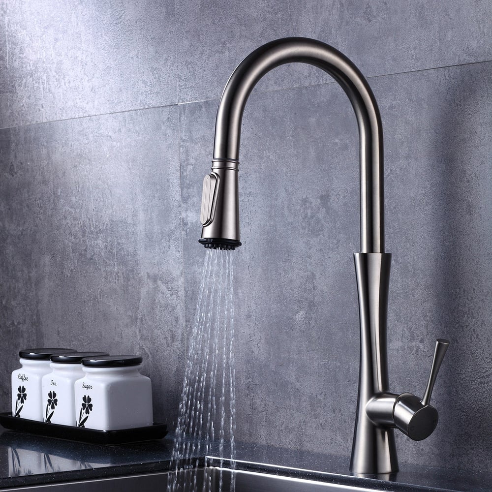 Moderne Monobloc Robinet Mitigeur de Cuisine Col de Cygne Pull Out Sprayer de 3-Fonctions Poignée Simple en Laiton Solide Nickel Brossé image de fenêtre