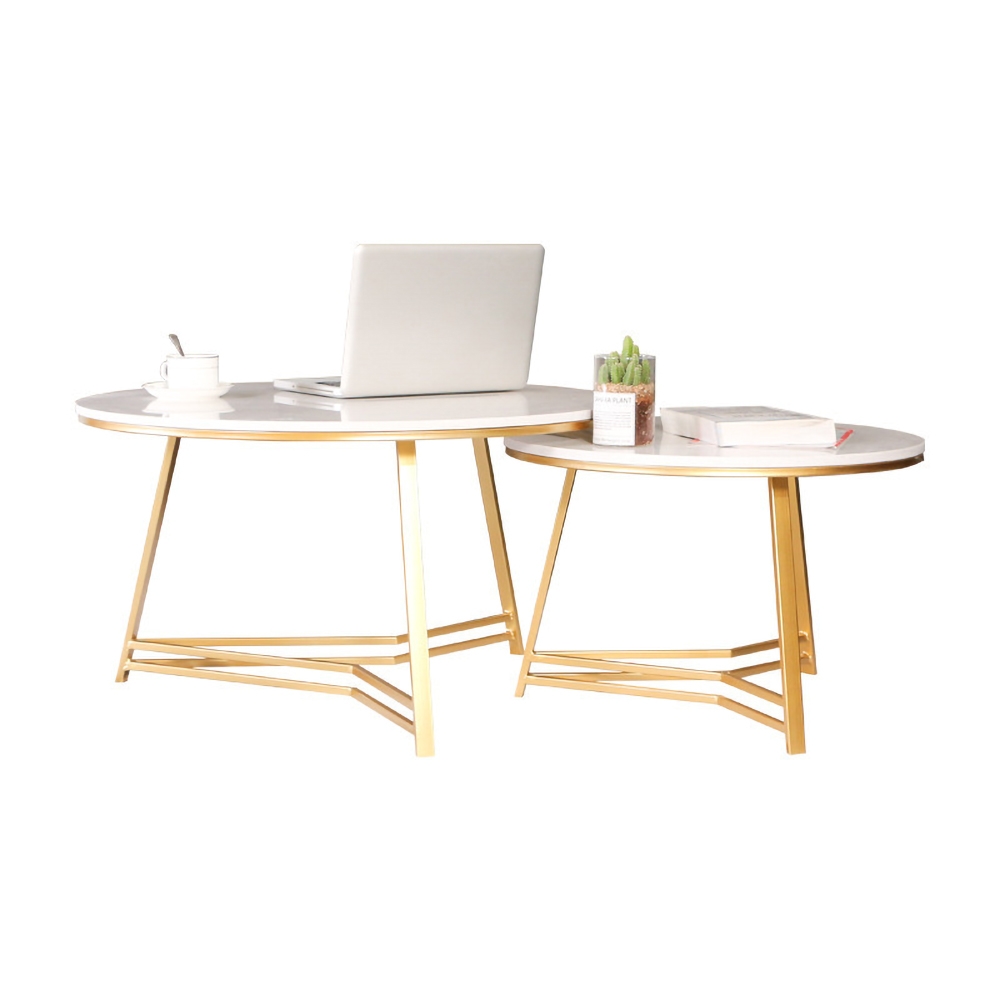 Modern Round Coffee Table Set of 2 with Marble Tabletop Metal Legs window image