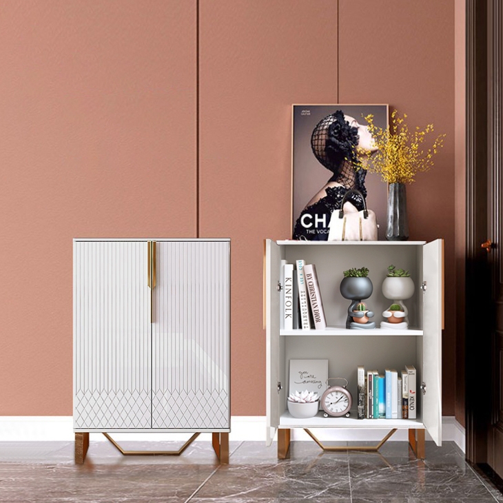 Aro Aro Commode contemporain blanc 2 portes et étagère d'appoint avec acier inoxydable en or image de fenêtre