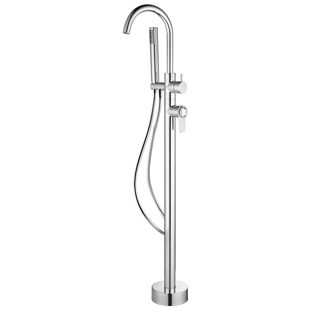 Modern Freestanding Thermostatic Bathtub Faucet High Arc Spout Floor Mount Bathtub Filler with Handshower Polished Chrome window image