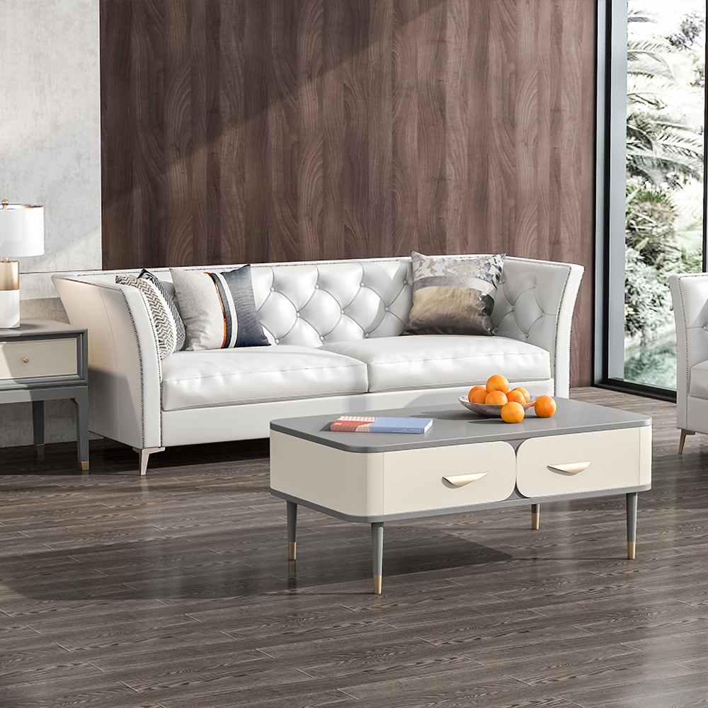 Modern White & Gray Coffee Table with Storage Rectangular Coffee Table with 4-Drawer window image