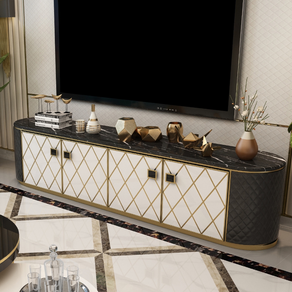 Contemporary Oval Coffee&White TV Stand Faux Marble Top Media Console with Doors for TVs up to 85" window image