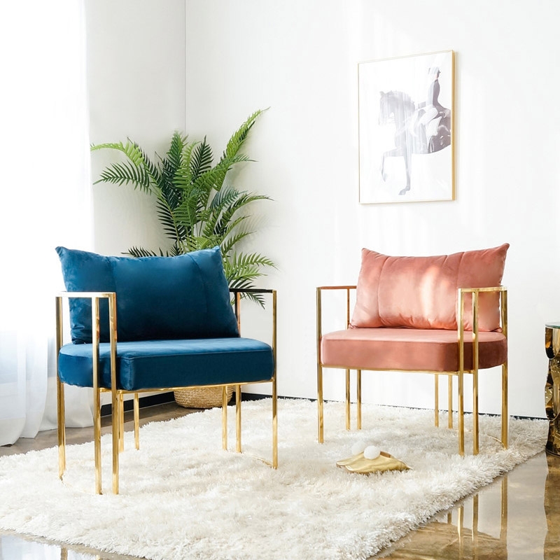 Gold Accent Chair Blue Velvet Barrel Chair with Pillow Back & Cushion Stainless Steel Frame window image