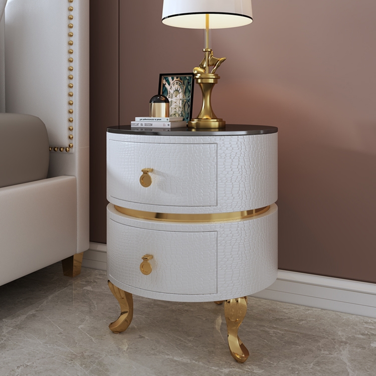 Modern Round White & Gold Microfiber Leather Nightstand with Drawers Glass Top window image