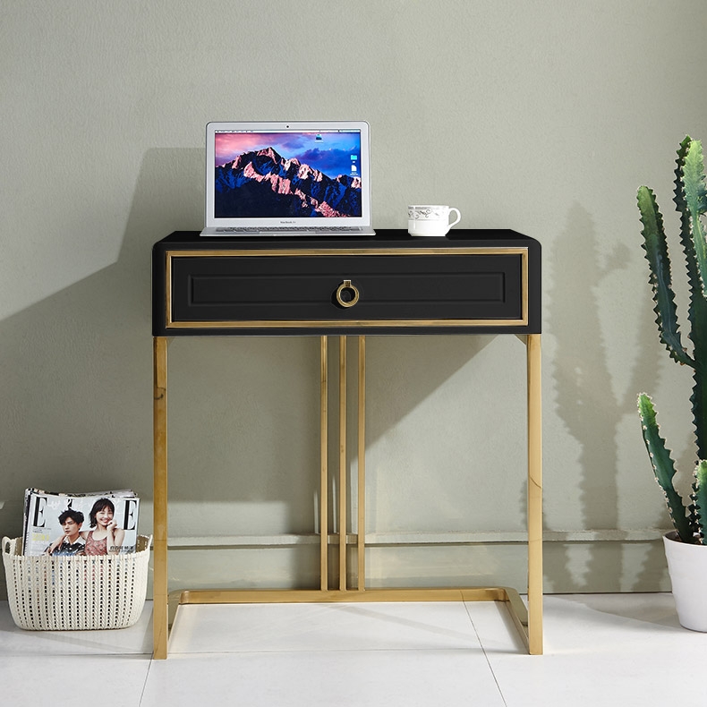 Bureau moderne laqué noir avec tiroir et tabouret, bureau d'ordinateur avec rangement image de fenêtre