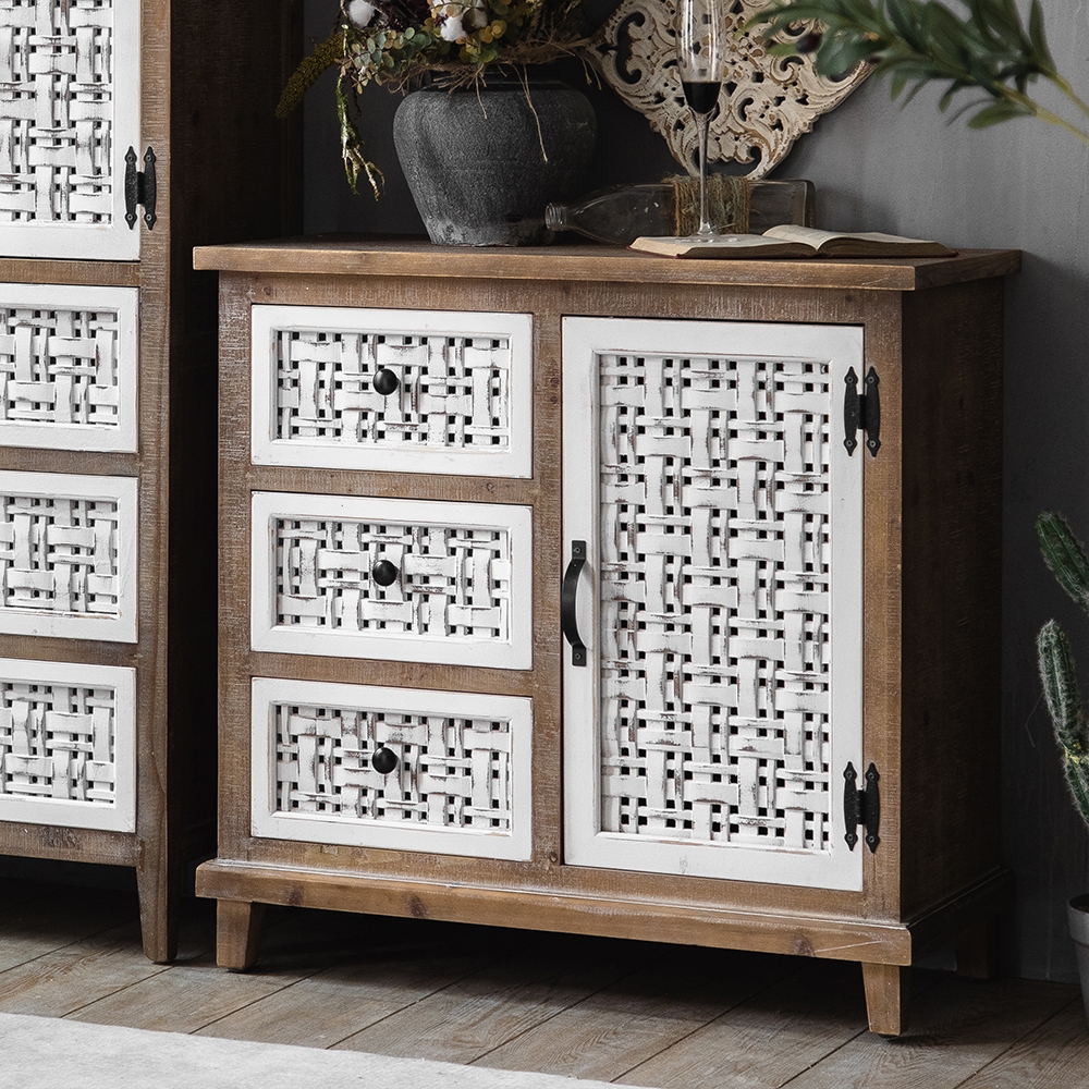 Cottage Distressed White Cabinet with Drawers & Doors window image