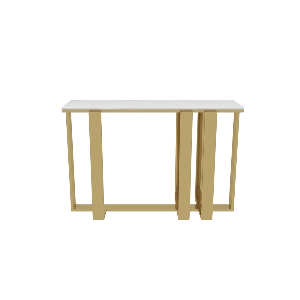 Modern White Sintered Stone Narrow Console Table Rectangle Gold Finish window image