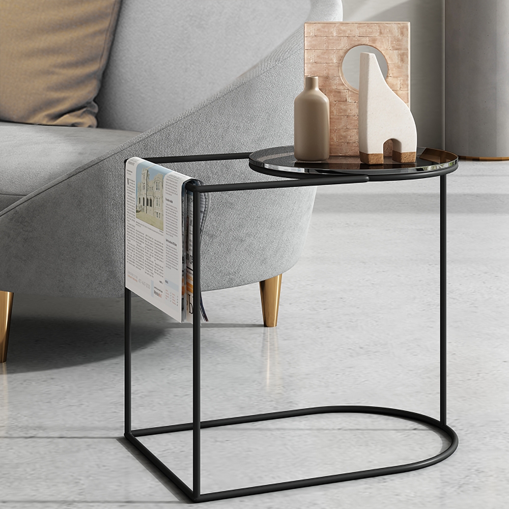 Modern Metal Side Table Black Side Table with Newspaper Rack window image