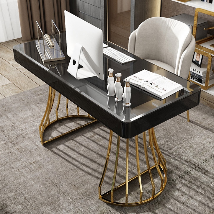 Bureau de bureau moderne en acier inoxydable avec base dorée 1200 mm Noir image de fenêtre